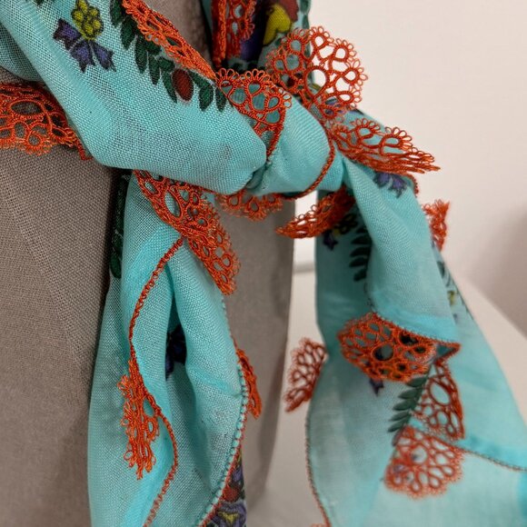 Collectable Traditional Vintage Turkish 40s-50s Oya Scarf Blue & Peach - Picture 4 of 6